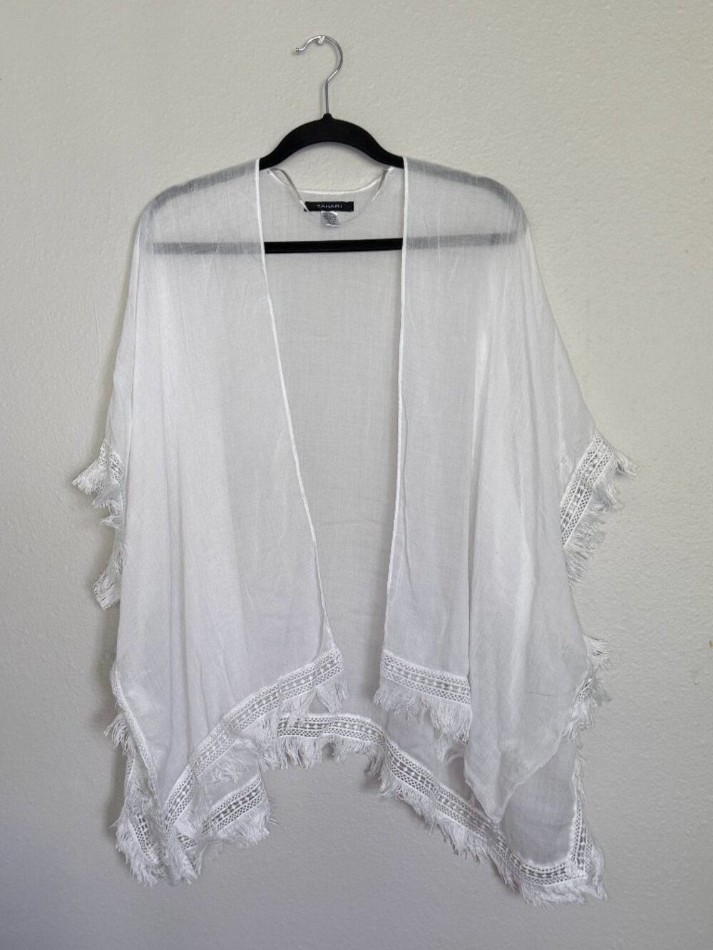 Tahari Lightweight Fringe Kimono Cardigan White Crochet Lace Swim Cover Up